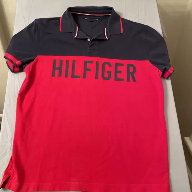 90's Tommy Hilfiger Spellout Men's Slim Fit Size L Red Short Sleeve Polo Shirt