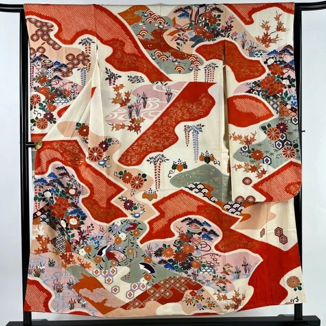 Japanese Kimono Furisode Pure Silk Peony Pine Tree Gold Thread Gold Paint Cream