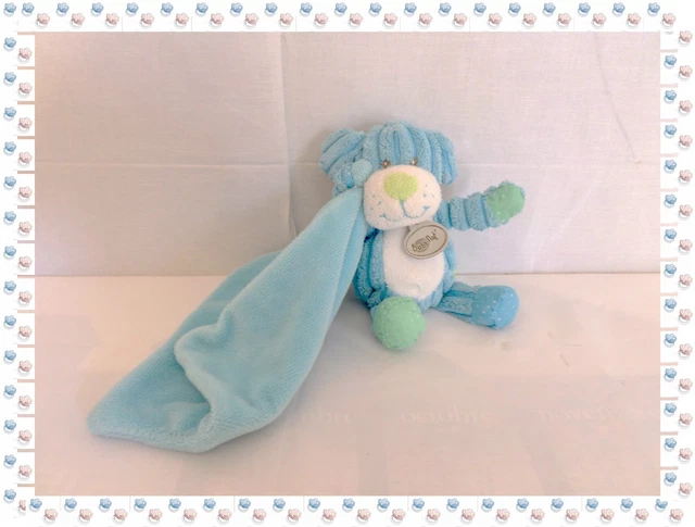 O - Doudou Peluche Chien  Bleu Blanc Vert Velours Mouchoir  Baby Nat