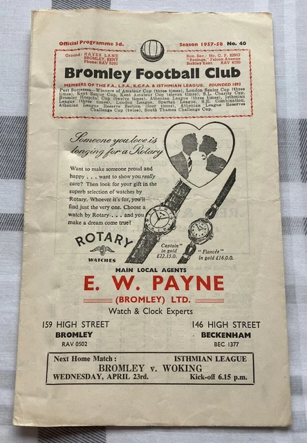 BROMLEY V WANDERERS PROGRAMME ISTHMIAN LEAGUE 19/04/1958 £2