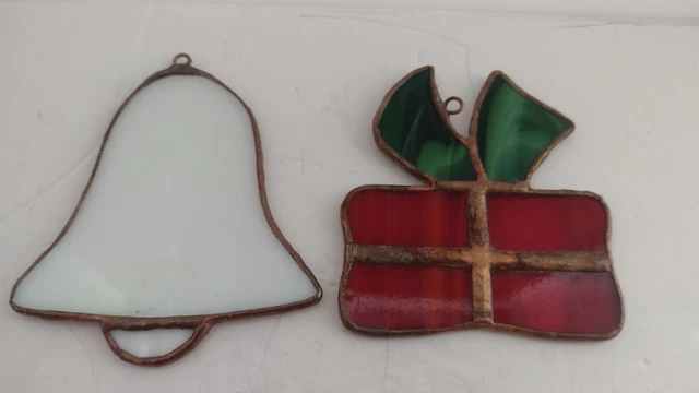 2x Stained Glass Christmas Tree Ornaments,Bell , Gift .Hand Made