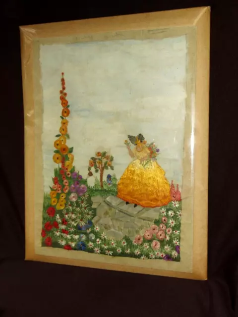 Antique Embroidery Crinoline Lady in Flower Garden Needlepoint Framed Picture