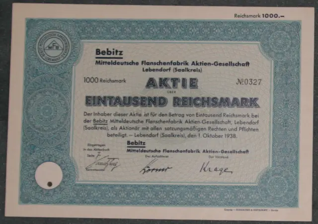 Bebitz Mitteldeutsche Flanschenfabrik Aktien-Gesellschaft 1938 1000 RM