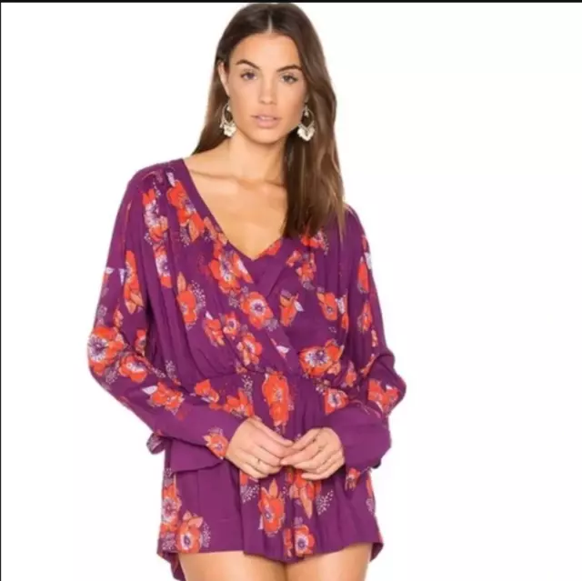 EUC FREE PEOPLE Tuscan Dreams Purple Floral Long Sleeve Tunic Blouse Size XS