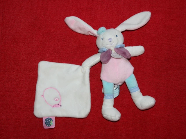 Babynat Doudou Lapin Berry Rose Bleu Mouchoir Blanc Brode Herisson Etat Neuf