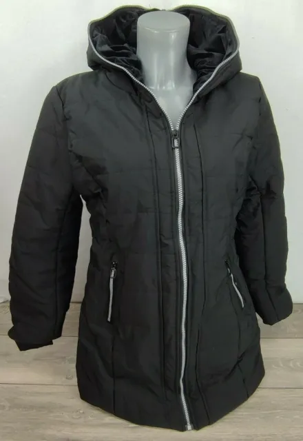 WOMENS QUILTED WINTER JACKET HOODED ZIPPED COAT Grey Zip BLACK S / M B151