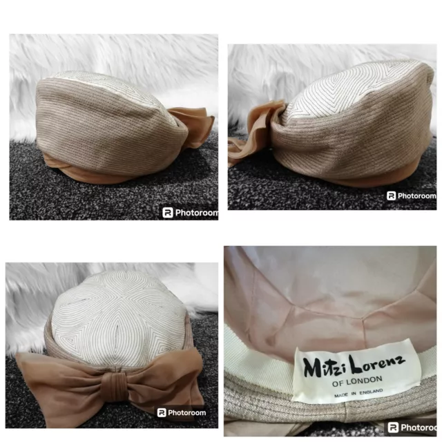 Mitzi Lorenz Vintage 1960s Taupe Cream Turban Style Hat Chiffon Rear Bow Lined