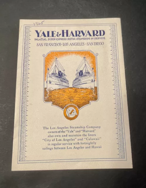 Vintage 1925 SS Yale & Harvard Steamship - Menu Souvenir Postcard