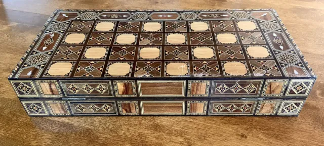 Large Mosaic Wood Mother Of Pearl Inlaid Backgammon Chess Checkers Game Set