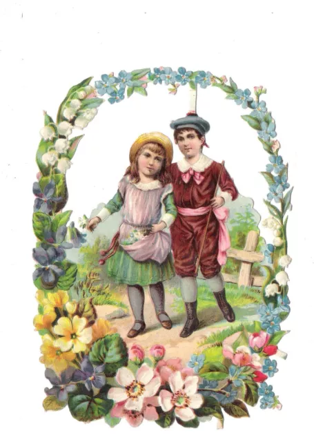 Oblaten Glanzbild scrap Kinder  17cm Oval Blumen Zaun Garten Mädchen