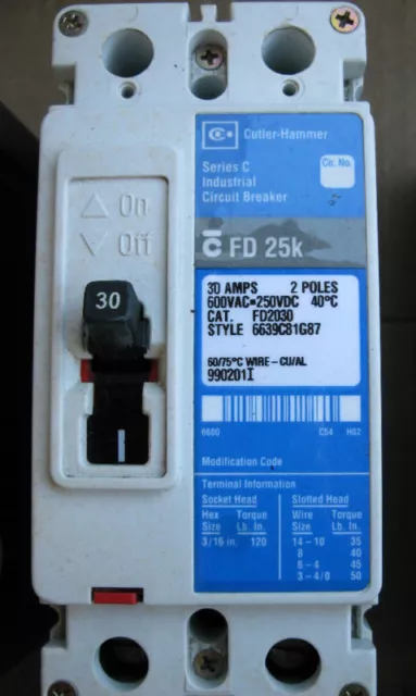 Cutler Hammer Circuit Breaker FD2030 FD 25K 30 amp