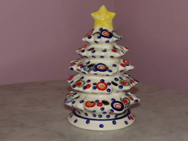 Polish Pottery Christmas Tree Tea Light! Happy Happy Pattern!