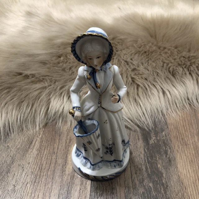 Vintage Blue White Victorian Porcelain Gold Trim Figurine