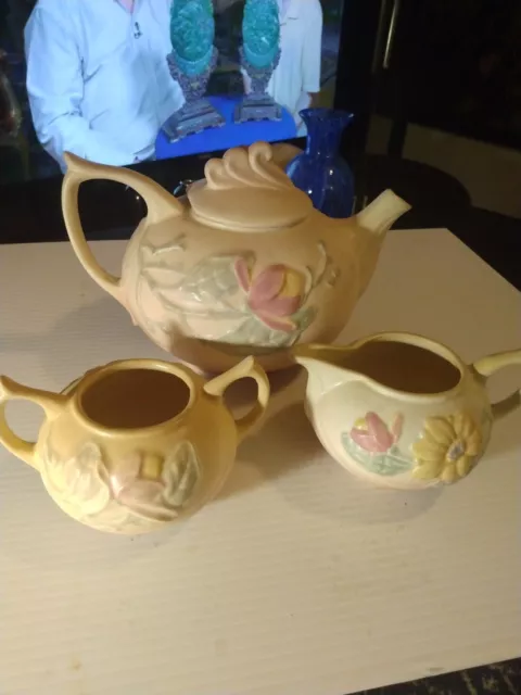 Vintage Hull Art Pottery Magnolia Tea Set Teapot Sugar Creamer