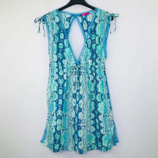Betsey Johnson Womens Large Dress Blue Green Snake Lace Deep V Backless Mini BA9