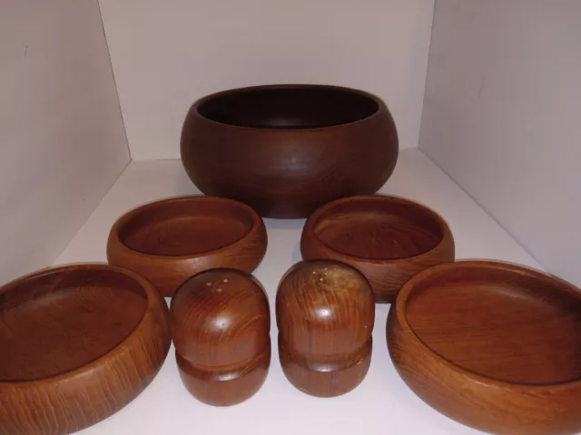 Vintage XL Mid Century bowl Teak wood + salad bowls and shakers Thailand w tags