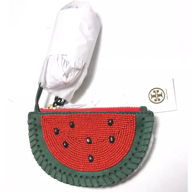 Tory Burch Womens Red Watermelon Leather Beaded Zipped Wristlet Coin Pouch NWT