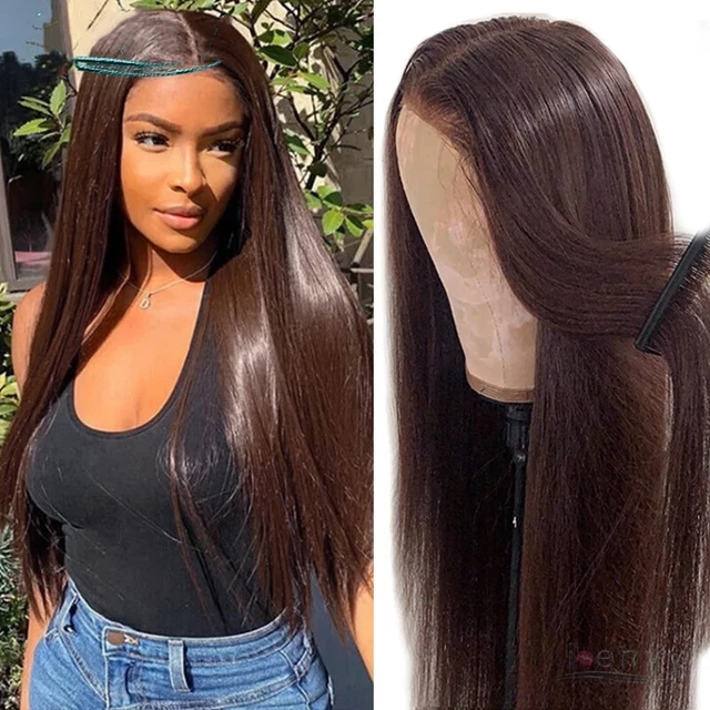 Pelucas frontales de encaje recto de 22 pulgadas cabello humano 13x4 marrones prearrancadas con cabello de bebé