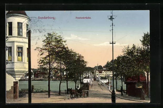 Sonderburg, Straßenpartie an der Pontonbrücke, Ansichtskarte 1913