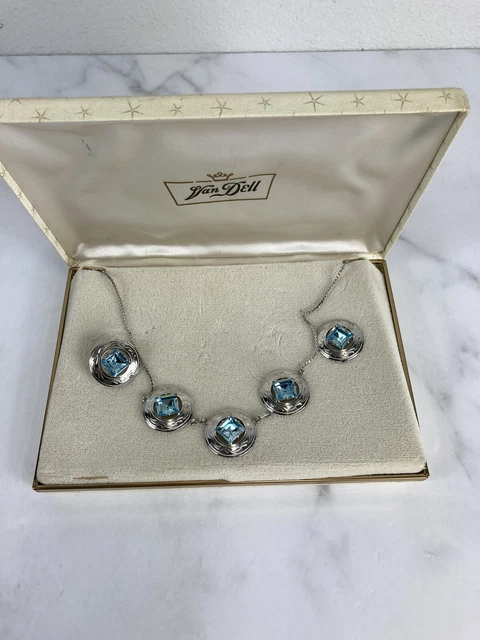 Vintage Van Dell Sterling Silver NECKLACE EARRINGS Blue AQUA Faceted Square Cut