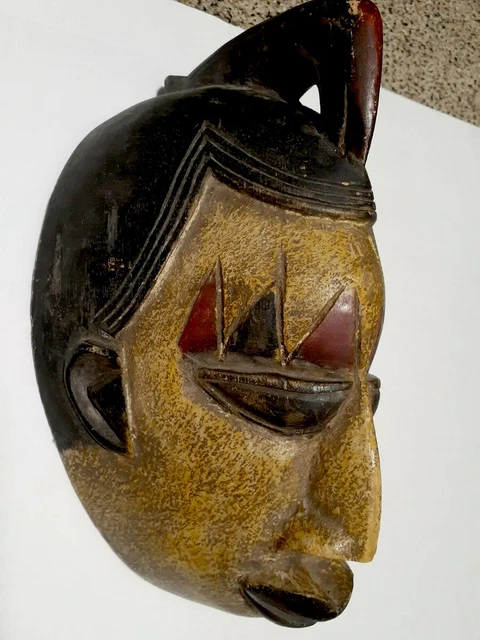 Mask Wood Carved African Vintage Mask Bird On Head Heavy 13" Long Yoruba 