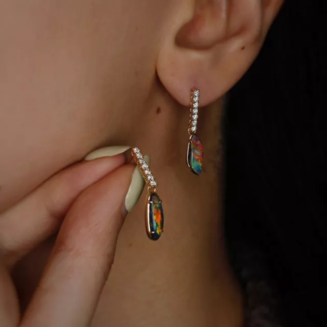 Elegant Australian Black Opal Diamond Drop Earrings in 18K Yellow Gold