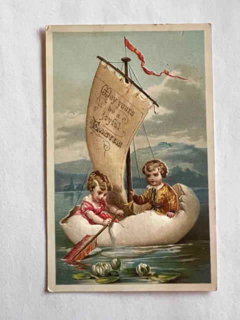 May Yours Be A Joyful Easter Victorian Trade Card Children Egg Boat Antique