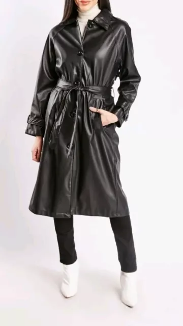 PU Faux Leather Button Front Trench Coat  Black, Size 8-10 Uk New Rrp £70