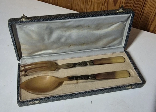 Coffret Service à Salade Corne Et Métal Argenté – élégant Et Vintage