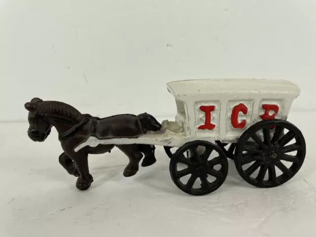 Vintage Cast Iron Horse Drawn Carriage Ice Cart Truck Wagon Toy Red White