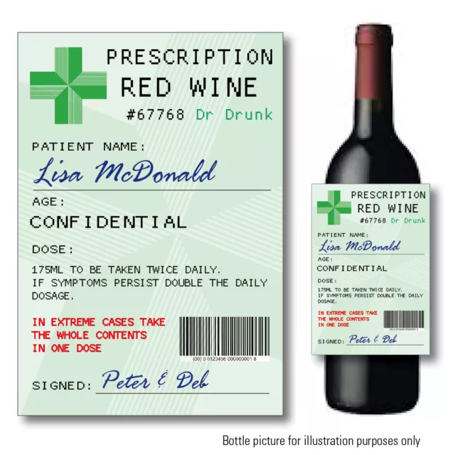 Personalised RED WINE Prescription bottle label Birthday CHRISTMAS SANTA Gift 37