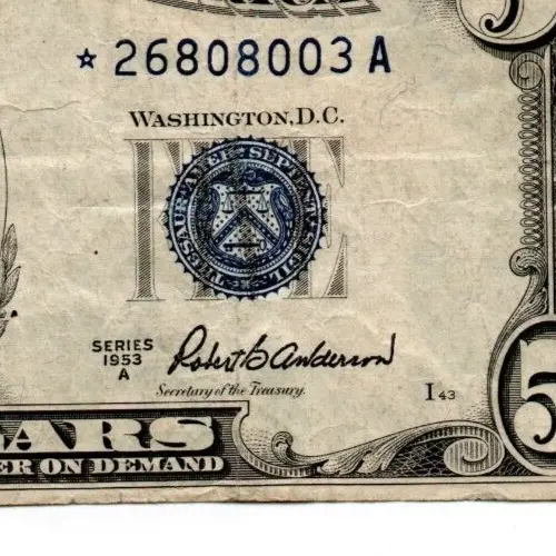 1953 - A  FIVE DOLLAR SILVER CERTIFICATE STAR NOTE in POOR CONDITION