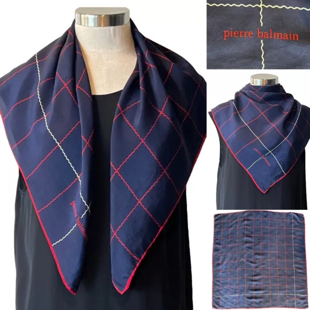 PIERRE BALMAIN Paris Vintage Silk Crepe Navy/Red Check Scarf 76cm x76cm Handroll