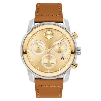 *BRAND NEW* Movado Bold Gold-Tone Dial Brown Leather Strap Men's Watch 3600908