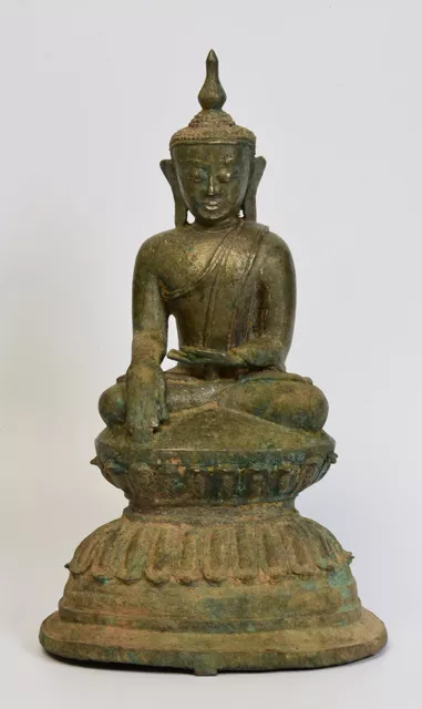 16th Century, Shan, Antique Burmese Bronze Buddha Sitting on Double Lotus Base