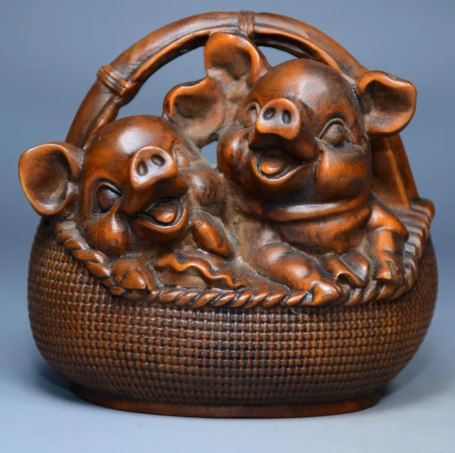 Chinese Old Boxwood Wood Carving Lovely Pig Statue Home Decor Nice Art Work Gift