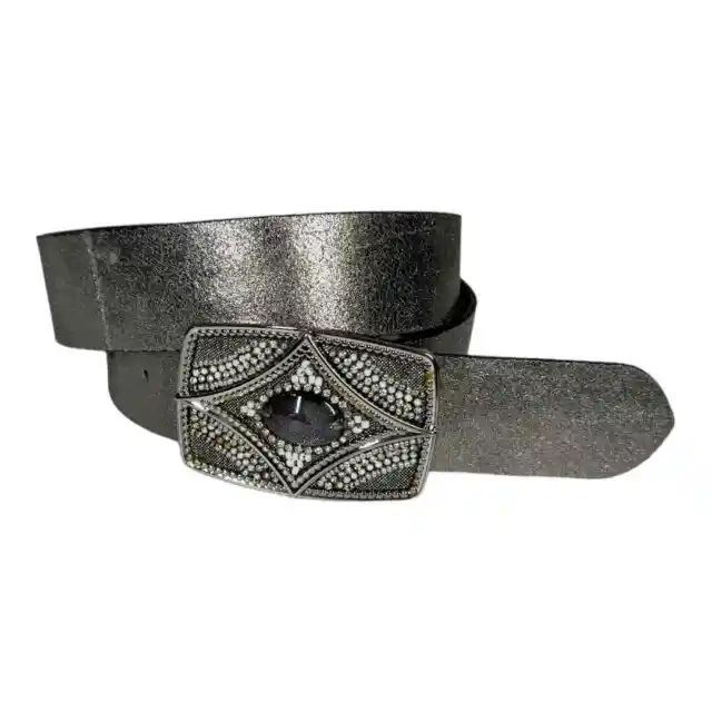 Chicos Metallic Gunmetal Embellished Buckle Leather Belt Medium Stone Boho