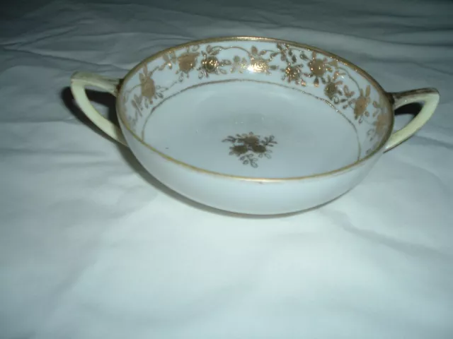 Nippon M Mark Bowl With Roses Hand Painted Porcelain 2 Handles Gold Encrusted