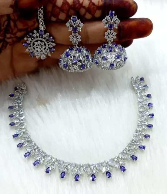 Designer Indian Bollywood Silver Plated AD CZ Necklace Jhumka Tika Set