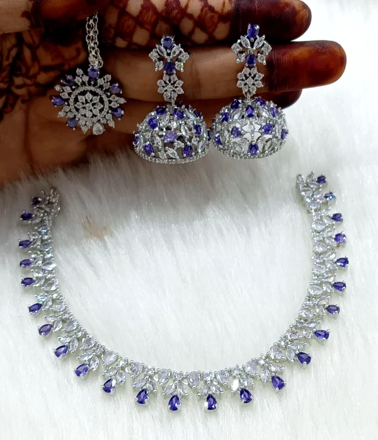 Designer Indian Bollywood Silver Plated AD CZ Necklace Jhumka Tika Set