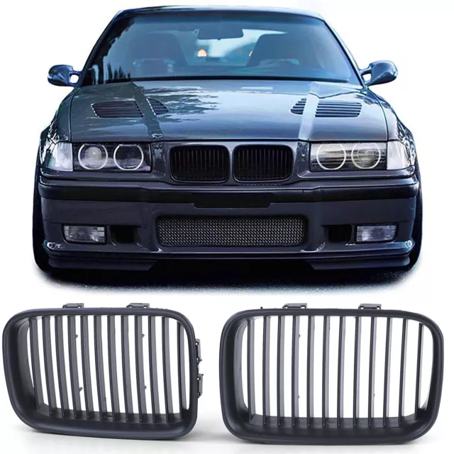 2 Grille De Calandre Noir Mat Pour Bmw Serie 3 E36 Phase 1 De 1990 A 08/1996