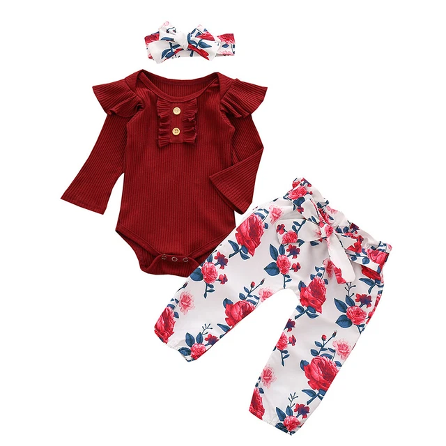 Newborn Baby Girls Ruffle Long Sleeve Romper Tops + Floral Pants Clothes Outfits 8
