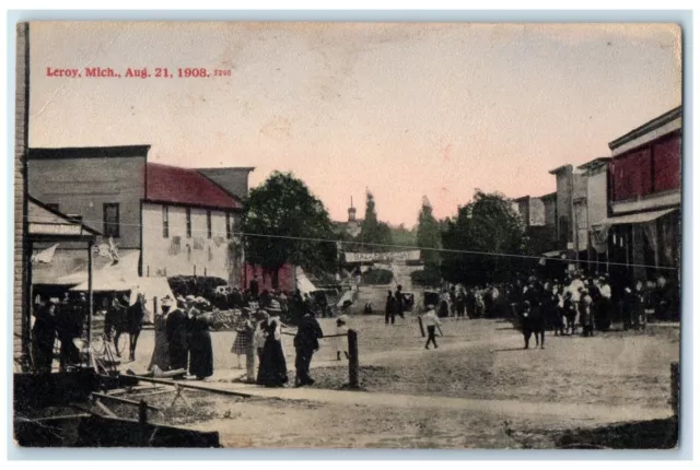 c1910's View Of Leroy Michigan MI, Parade Dirt Road Posted Antique Postcard