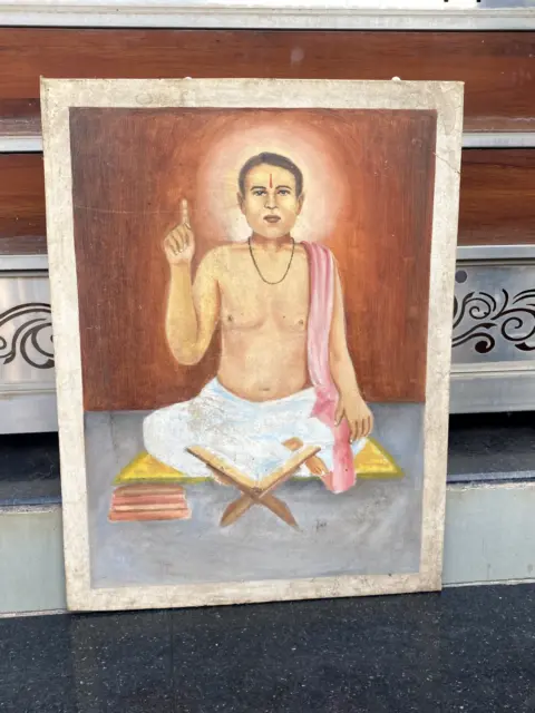 Vecchio antico dipinto antico originale tela ad olio dipinto ritratto santo sacerdote indù