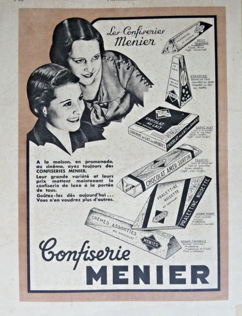 Publicité De Presse 1933 Confiserie Menier Chocolat Au Lait Crèmes - Advertising