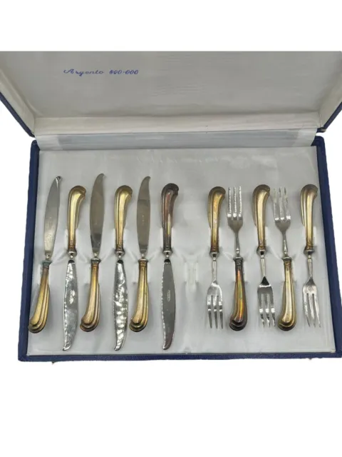 Set of Italian 800 Silver Fruit Dessert Knife & Fork Set Venezia w/Case