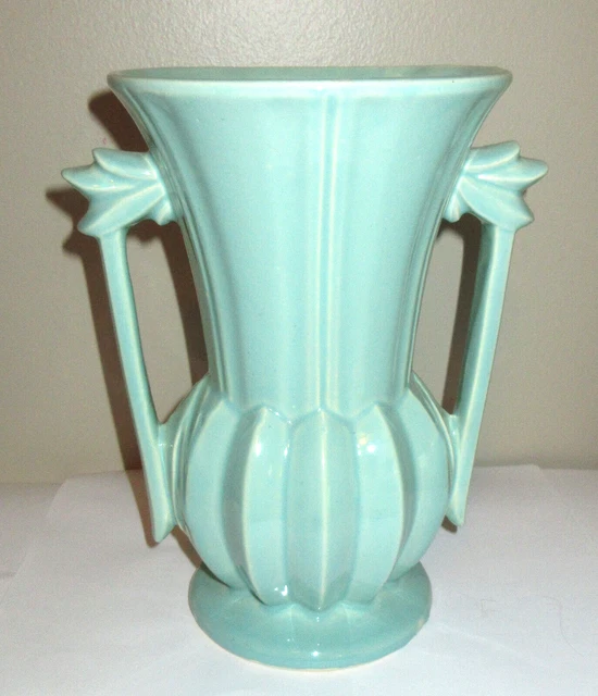 VINTAGE MCCOY POTTERY Vase Aqua Blue Green Double Handles 9" Tall Deco
