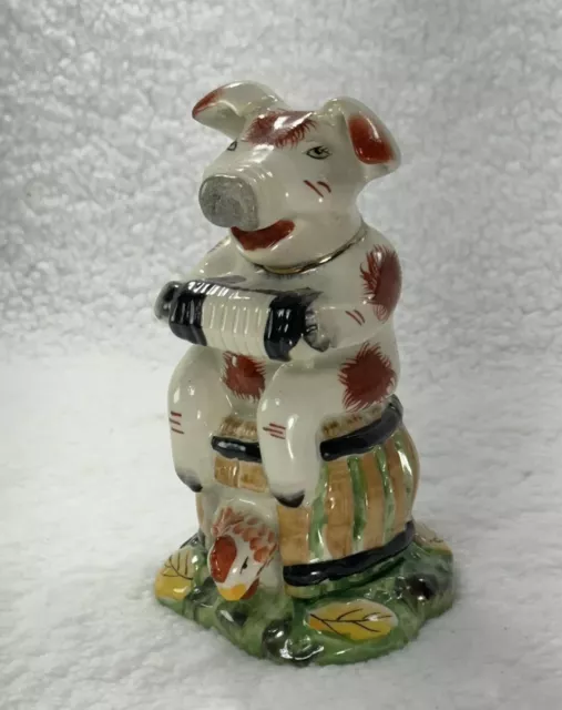 Antique Straffordshire Pig Figurine with Accordion & Chicken 3
