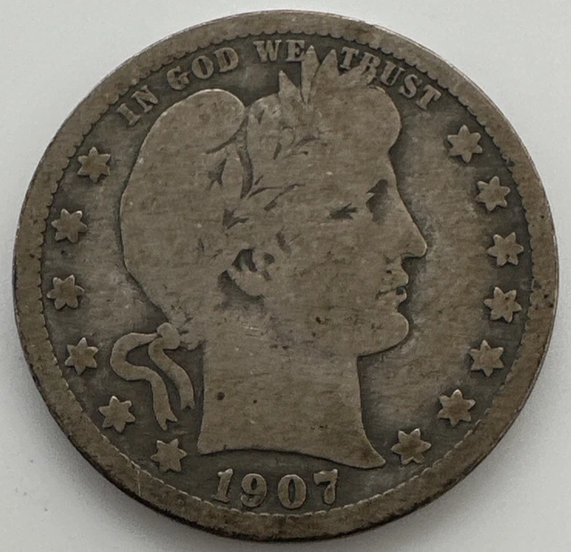 1907 Barber Silver Quarter 25c Coin (SG902)