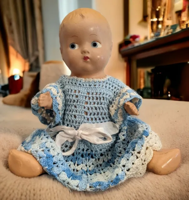 Vintage Or Antique Composition Baby Doll Hand Made Crocheted Dress 1920s-30s 8"